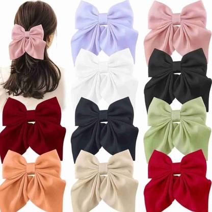 RimR Silk Satin Bunny Ears Hair Bow Clip Pack of 10 Back Pin