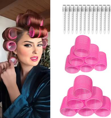 D-DIVINE Hair Roller 12 Pcs Set with 6Pc Large & 6Pc Medium with 12Pc section Clip (PINK) Hair Accessory Set