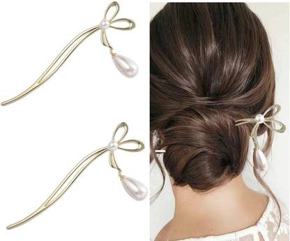 OLLIVOO 2 Pc Hair Stick Korean Style Hair Clip Metal Pearl Hairpin Pendant Chopstick Bun Stick