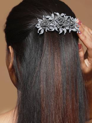 Priyaasi Grey Floral Studded Barrette Back Hair Clip Hair Pin
