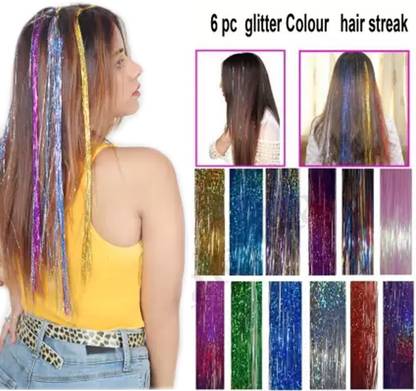 Ritzkart Set of 6 pc Sparkling Shiny Hair Tinsel shine Extensions Colored Party Highlights Glitter Extensions Multi-Colors Hair Streak Hair Accessory Set