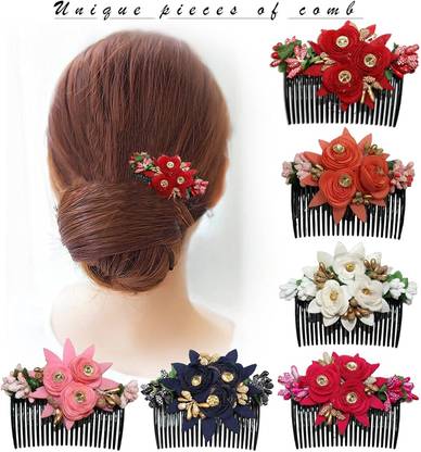 glam bands Pack of 6 Flower Design Comb Juda Pin Wedding&Party Fancy Style Gajra Comb Clips Bun Clip