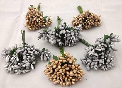 Atipriya Artificial Pollen Flowers (3 silver 3 golden) Bun Stick