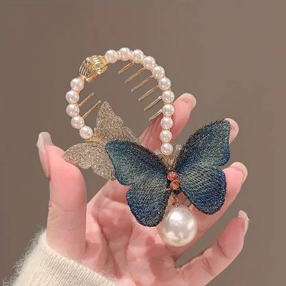 ASG 1pcs Pearl Rehinestone Retro Style Embroidery Butterfly Decorative Hair Clip Bun Clip