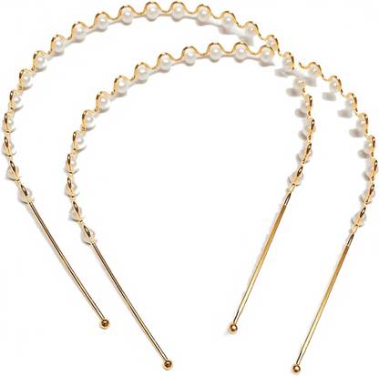 SENECIO 2Pc Golden White Pearl Moti Beaded Woven Metal Headband Set Premium Edges Head Band