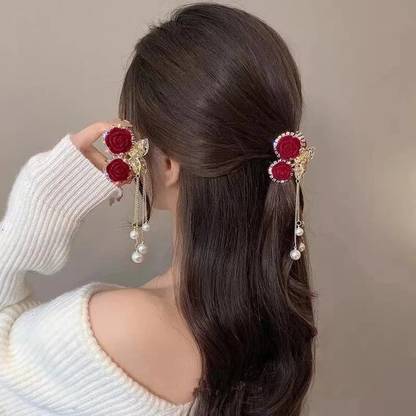 locklux Korean Solid Rose Style Clutcher With Pearl&Latkan Zaya Metal Butterfly Claw 1pc Hair Claw