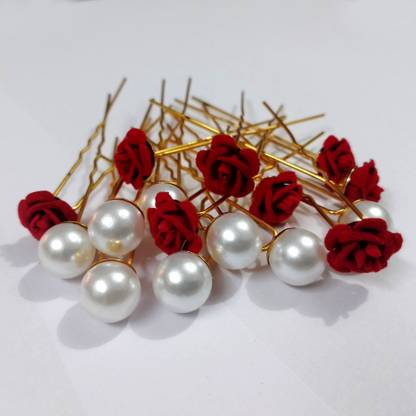 Productmine Bridal Hair Bun Juda Pins Artificial Red Rose and White Pearls - 8 PCs Each Hair Pin
