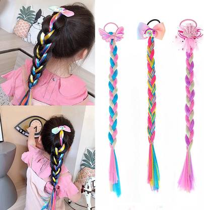 ELEPHANTBOAT 3pcs Colored Braids Ponytails Hair Extensions with Rubber Bands, Glitter Rainbow Braid Extension