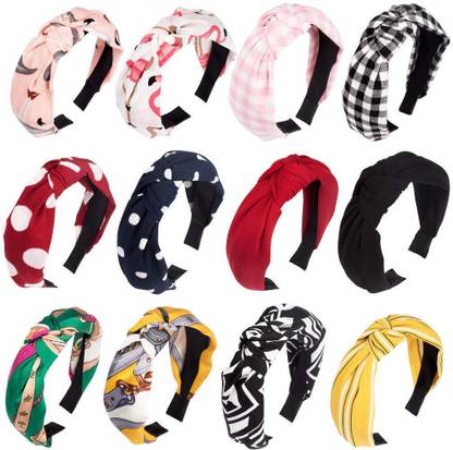 TUSK Women's Korean Style Solid Fabric Knot Plastic Hairband Headband (MULTICOLOR) (SET OF 12) Head Band