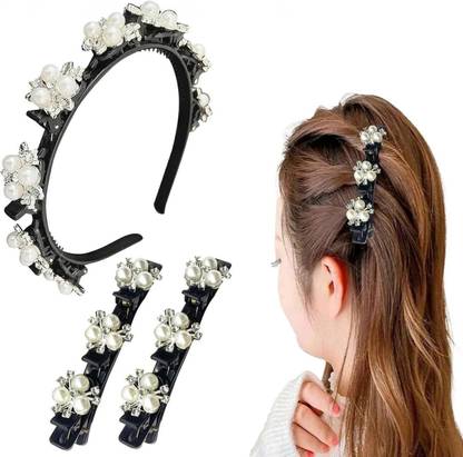 Lykaa Bangs style pin Head With Pearl Flower Alligator Clips - Pack of 3 Hair Band  (Multicolor)
