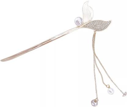 ASG 1pc Elegant Sparkling Rhinestone Fishtail Shape Alloy Hair Stick With Faux Pearl Bun Stick