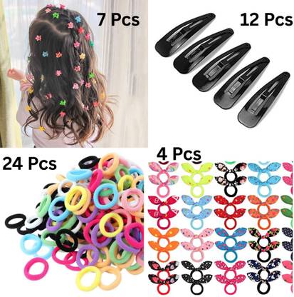 BELLO TOKO 7 Mini Hair Clips, 12 Black Tic Tac Pins, 4 Bunny Rubber Bands & 24 Rubber Bands Hair Accessory Set