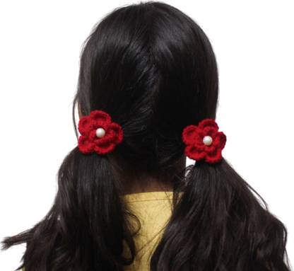 Laveni Creations Handmade Double Layered Crochet Red Flower Rubber Band, Woolen, Pack 2 Rubber Band