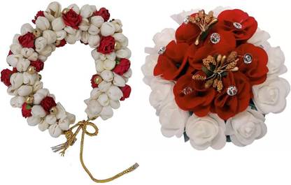 GadinFashion Hair Bun Combo Mogra Artificial Gajra & Full juda Bun for Women in White and Red Pack-02 Bun