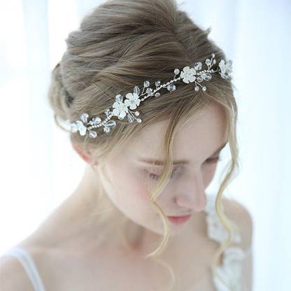 Ghelonadi Bride Wedding Hair Vine Silver Flower and Pearl Bridal Headband Hair Chain