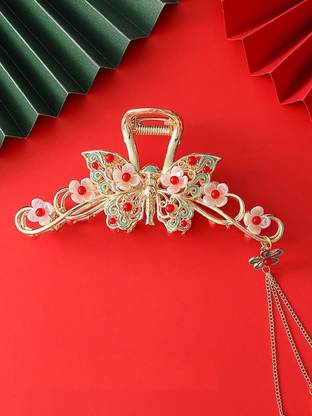 Dressberry Gold Tone Red Stones & Pearl Butterfly Shape Tassel Hair Claw Hair Clip Hair Claw