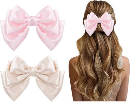 RimR Triple Layer Hair Bow Pink & Off White Pack of 2 Back Pin
