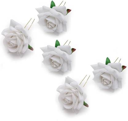 El Cabell 5pcs Women's Fabric White Rose Flower hair Pin For Party and Function Use Hair Pin