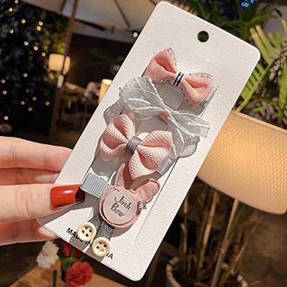 SYGA 4 Pieces Baby Hair Clip For Girl Alligator Teeth Hair Accessory For All Type of Infant Toddler Baby Hairs Bow Animal Cartoon Rainbow Heart Flower Crown Fruit Patterns- Set of 4, Grey Net Yarn Set Hair Clip