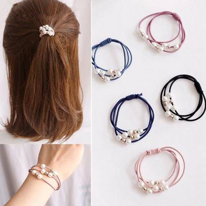 Myra Collection Pack of 5 Pcs Three-line In One Pearl Base Tie Hair High Elasticity Rubber Band Rubber Band