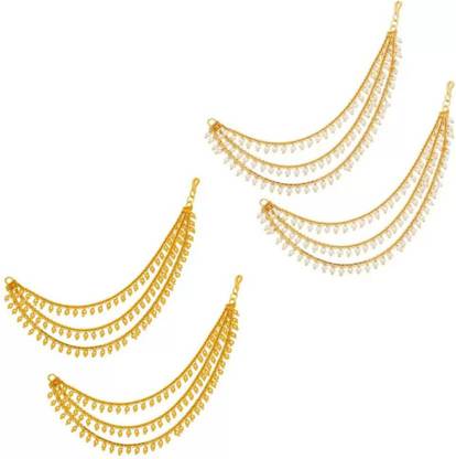 J J Gold plated Multilayer Pearl Statement Chain Clip on hair Earrings Hair Chain
