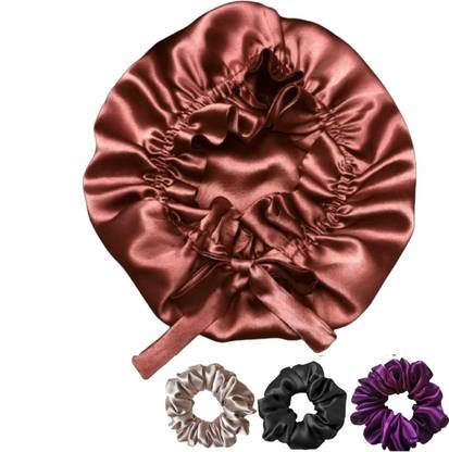 Attune Brown Color Handmade Satin Bonnet for Sleeping with Adjustable Tie Bun