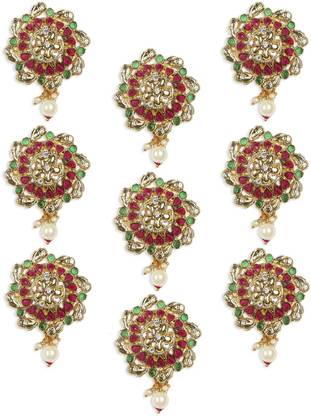 fabula Jadai Billai for Women 9 Pieces with Red Maroon & Green Stones - Choti Pins Hair Pin