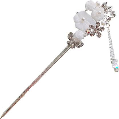 SYGA Ancient Style Pearl Metal Hair Stick For Women Girls-White Flower Bun Stick