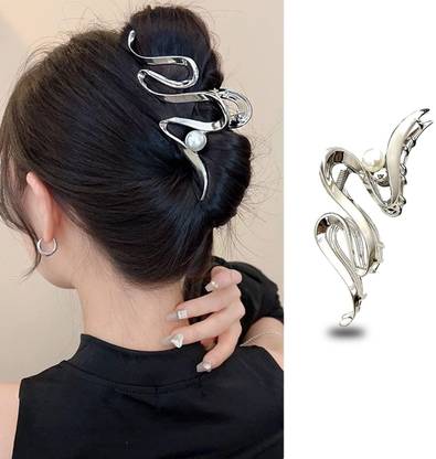 Blubby Elegant Curve Wave Metal with Pearl Hair Clutcher for Women Girls Hair Claw