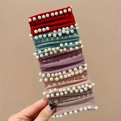 Ashkash 4pcs Elegant Beaded Mask Fabric Hair Ties Scrunchies with Imitation Pearls Rubber Band