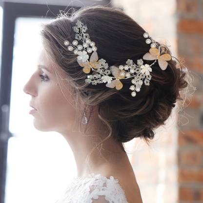 Xiaoqi Crystal Pearl Hair Tiara, Stylish Butterfly Rhinestone Headband, Juda Bun Tiara Bun Clip