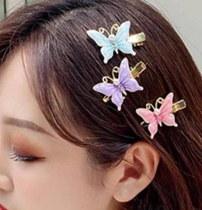 ZESCA STYLO 3pc Multicolored Butterfly Hair Pearl and Silver Stone In Metal Temperament Side Hair Clip