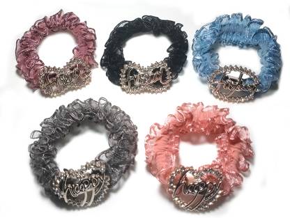 Myra Collection 5 Pcs RUBBER BAND WITH SILVER STONE BROCH Rubber Band (Purple, Pink, Grey) Rubber Band