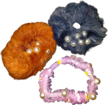 Toudie 3Pc Moti Pearl Fur Scrunchies & Organza Lily Flower Fabric Ponytail RubberBand Rubber Band