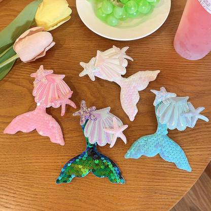 SAMYAK 4 Pcs Princess Mermaid Seashell Sequin Sparkled Hair Pins Accessories For Kids Hair Clip