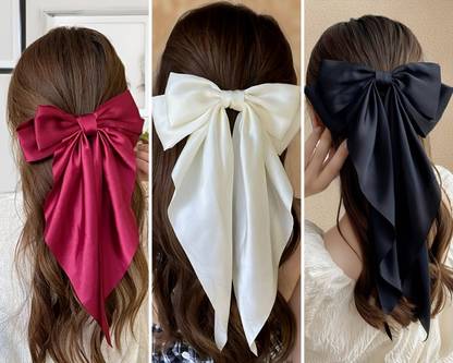 ChicTresses Off White, Red & Black - Premium Hair Bows For Women, Bow Clips For Women Hair Clip