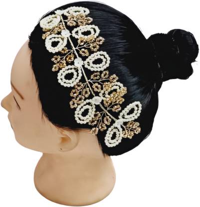 Hitanshijewel White Pearl With Golden Crystal Floral Hair Accessoirs Hair Accessory Set