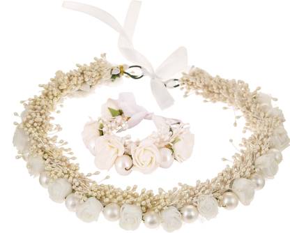 Sanjog Pearl Tiara/Crown And Matching Hand Tiara/Puff Wrap For Wedding For Bride/bridesmaid/Birthday Girls Hair Accessory Set