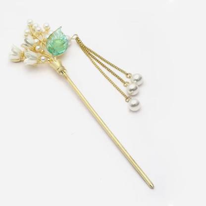 Ashkash 1pcs Retro Leaves Pearl Hair Stick Ancient Style Chinese Hair Chopsticks Hairpin Bun Stick