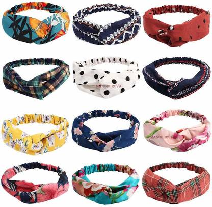 MANODHRUVA Elastic Solid Head Wraps Floral Print (Pack of 12) - Multicolour Head Band