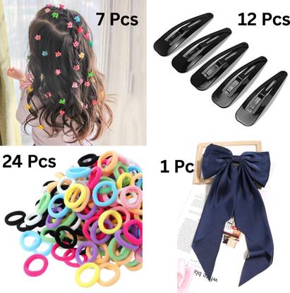 BELLO TOKO Girls 7 Mini Hair Clips, 12 Black Tic Tac Pins, 24 Rubber Bands, 1 Bow Hair Clip Hair Accessory Set