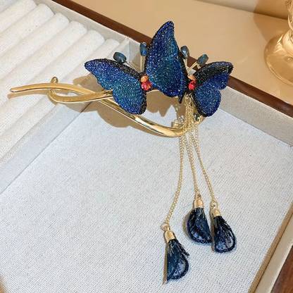 ASG 1pcs Double-Sided Embroidered Blue Butterfly Tassel Hair Bun Twist Clip Banana Clip