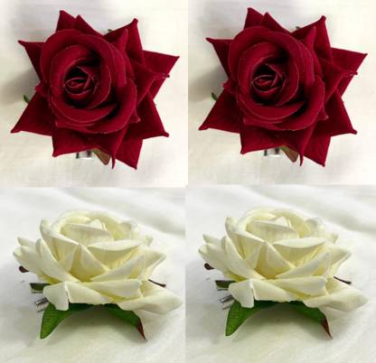 Fezzalo 4 pcs Combo Stylish Maroon & White Artificial Hair Rose Flower/ Bun Hair Clip Bun Clip