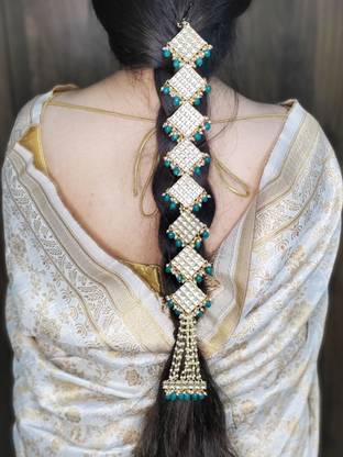 Karatcart Diamond Shape Gold Plated Green Tumble Kundan Bridal Wedding Hair Braid Choti Braid Extension