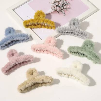 Sharum Crafts 8 PCS Faux Fur Claw Clip for Winter, Large Fuzzy Hair Claw for Thick Thin Hair Hair Claw