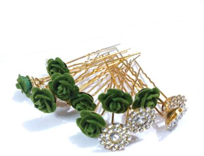 Productmine Bridal Hair Bun Juda Pins Artificial Green Rose and Clear Rhinestone- 8 PCs Each Hair Pin