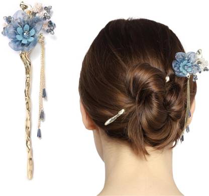 OLLIVOO Gold Metal Premium Material Attractive Floral Tassel Juda Stick Bun Stick