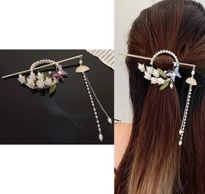 OLLIVOO Pearl Pendent Floral Hair Tassel Bun Stick Juda Hair Bun Stick