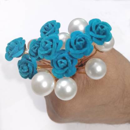 Productmine Bridal Hair Bun Artificial Azure Blue Rose and White Pearls- 8 PCs Each Hair Pin