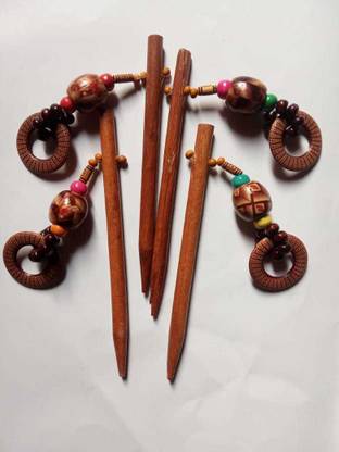 Clezaro 4Pcs Handcrafted Wooden Beads Hair Juda Stick Bun Stick for Girls & Women Bun Stick